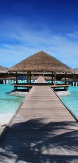 Rustic beach huts overlooking azure waters under clear blue skies.