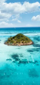 Aerial view of tropical island with turquoise ocean.