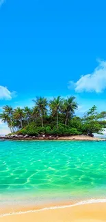 Tropical island with palm trees and turquoise water under a clear blue sky.