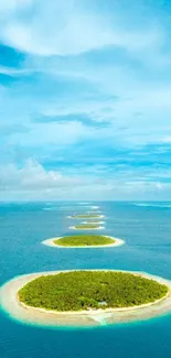 Aerial view of tropical islands with clear blue water under a vibrant cyan sky.