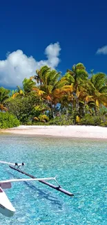 Tropical island with palm trees and blue waters under a clear sky.