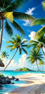 Tropical beach with palm trees and blue sky wallpaper.