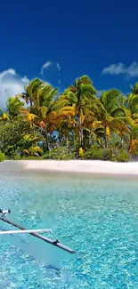 Tropical island with palm trees and boat on clear blue water.