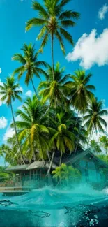 Tropical island with palm trees and ocean waves under a blue sky.