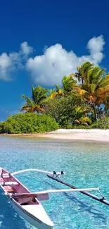 Tropical island wallpaper with boat, palm trees, and blue ocean.