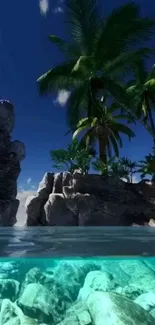 Tropical island with palm trees and clear water under a blue sky.