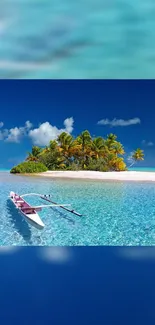 Beautiful tropical island with canoe and clear blue water.