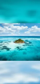 A small tropical island surrounded by turquoise ocean under a clear blue sky.