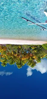 Tropical beach scene with blue sky and palm trees for phone wallpaper.