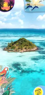 Tropical island with parrot and ocean view in vibrant colors.