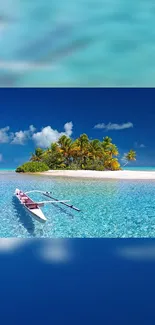 Canoe on clear waters beside a tropical island.