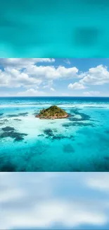 Tropical island with teal waters under a bright sky.