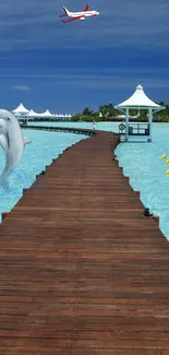 Tropical island pier with dolphin under blue sky.