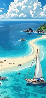 Sailboat drifting near a tropical island with blue waters and clear skies.