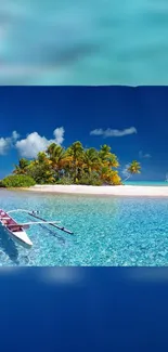 A serene tropical island with clear blue water and lush green palms under a blue sky.