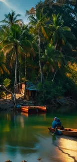 Tropical island with palm trees and boat on serene water.