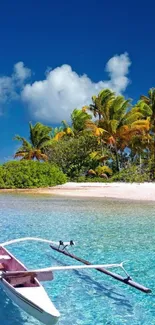 Tropical island with blue water and palm trees under a bright sky wallpaper.