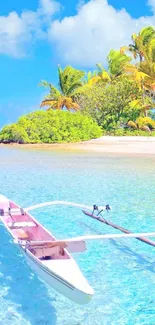 Tropical beach with palm trees and a boat on clear blue water.