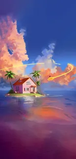 Tropical island with a house and pink sunset clouds over the ocean.