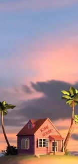 Tropical island with house and palm trees at sunset.