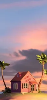 Tropical island with house and sunset sky.