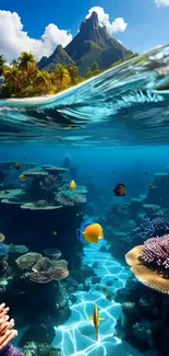 Tropical island and underwater coral reef scene with vibrant fish.
