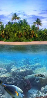 Vibrant tropical island scene with ocean and coral reef.