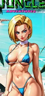 Anime character in blue bikini at tropical beach.