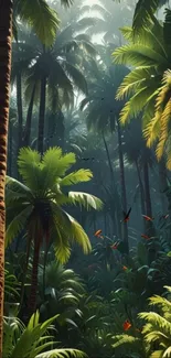 Lush tropical jungle with tall palm trees.