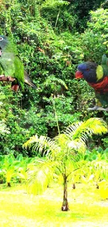 Vivid tropical jungle with colorful parrots and lush greenery.