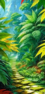 Vibrant tropical jungle pathway wallpaper with lush green foliage.