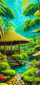 Tropical jungle wallpaper with a thatched hut surrounded by lush greenery.
