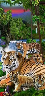 Tropical jungle scene with tiger family and vibrant flora.