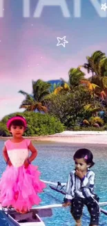 Tropical fantasy wallpaper with children and beach scene.