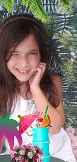 Child smiling in tropical leaf backdrop with colorful drink graphics.