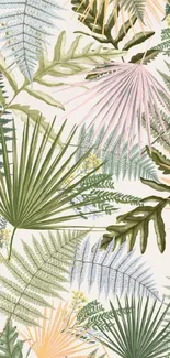 Vibrant tropical leaf wallpaper with pastel hues.