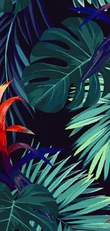 Tropical leaves and vibrant colors wallpaper for mobile phones.