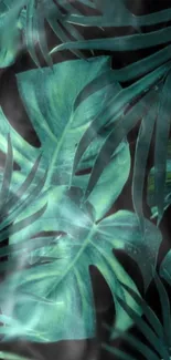 Vibrant tropical leaves wallpaper in rich teal green hues, ideal for nature lovers.