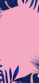 Tropical leaves and flowers on a pink background wallpaper.