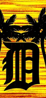 Tropical wallpaper with palms and stylized letter on yellow background.