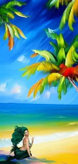 Tropical beach scene with mermaid and colorful palm trees on vibrant blue sky.