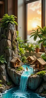 Miniature tropical paradise with huts and waterfall.