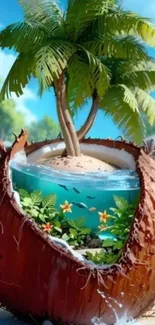 Palm tree inside a coconut on a mini island in paradise.