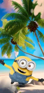 Minion on a beach with palm trees and blue sky.