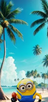 Minion on a tropical beach with palm trees and blue sky.