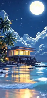 Moonlit beach house with palm trees and ocean waves under a starry sky.