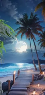 Moonlit tropical beach path with palm trees and ocean waves.