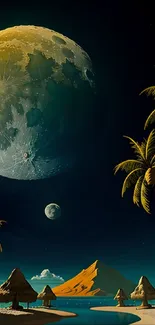 Tropical moonlit beach scene with palm trees and a large glowing moon.