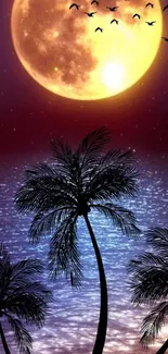 Silhouetted palms under a glowing full moon by a purple night ocean.