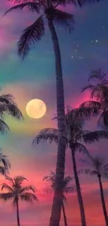 Tropical paradise wallpaper with palm trees under a colorful moonlit sky.